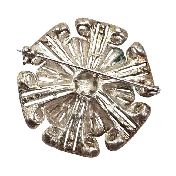 Vintage Rhinestone Circle Brooch Gold and Silver Tone Floral Design JJ3807 - Picture 7 of 7